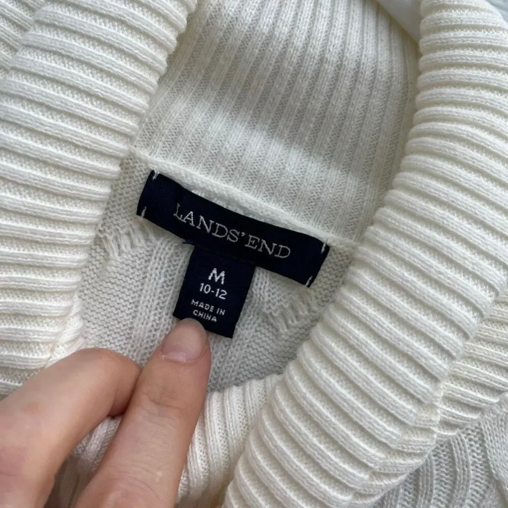 Lands’ End Lighthouse Ivory Cotton Cable Knit Turtleneck Sweater NWT M
